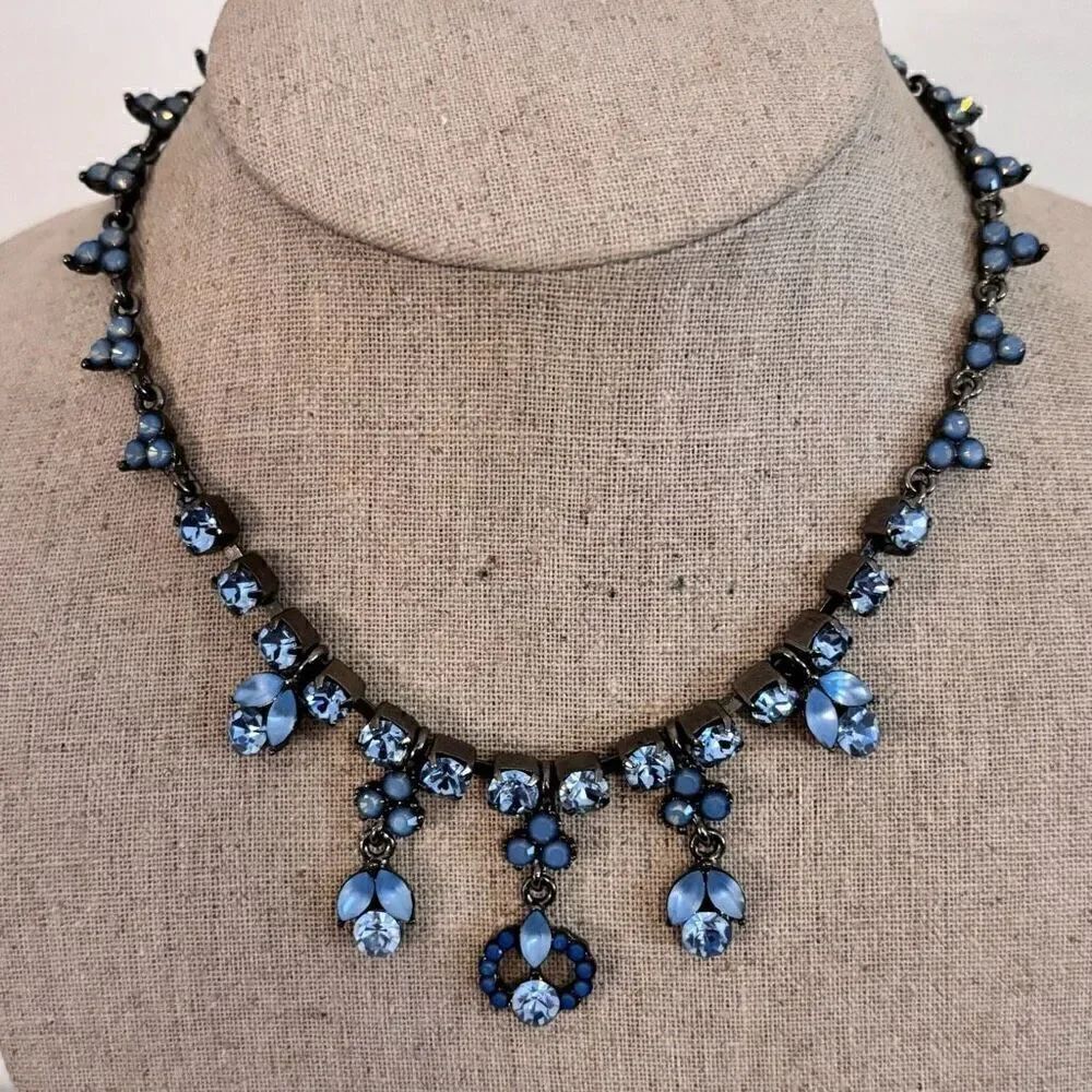 Vintage Crystal Rhinestone Leaf Pattern Adjustable Necklace Peacock Blue 17.5"